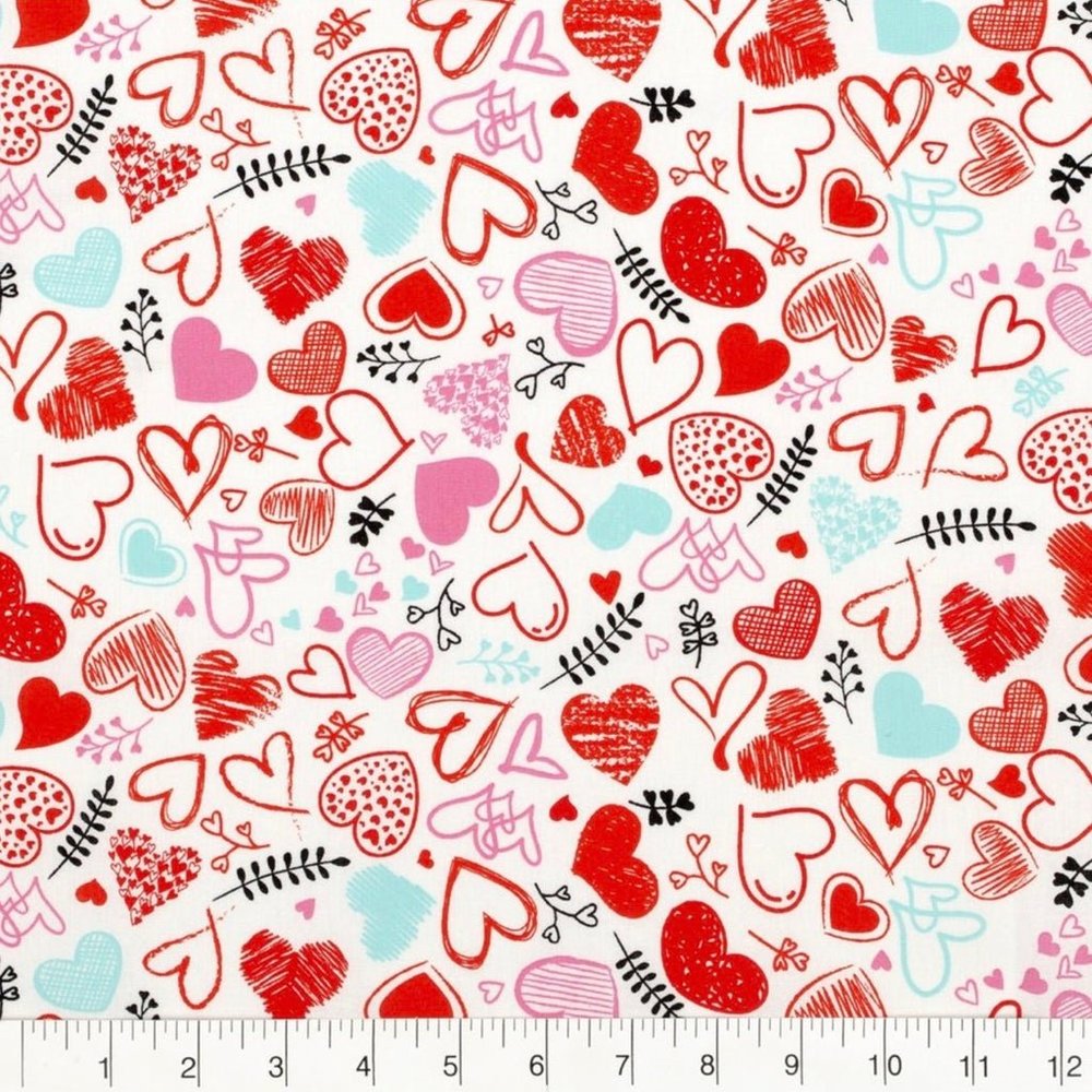 1 yard Doodle Hearts Valentines Fabric
